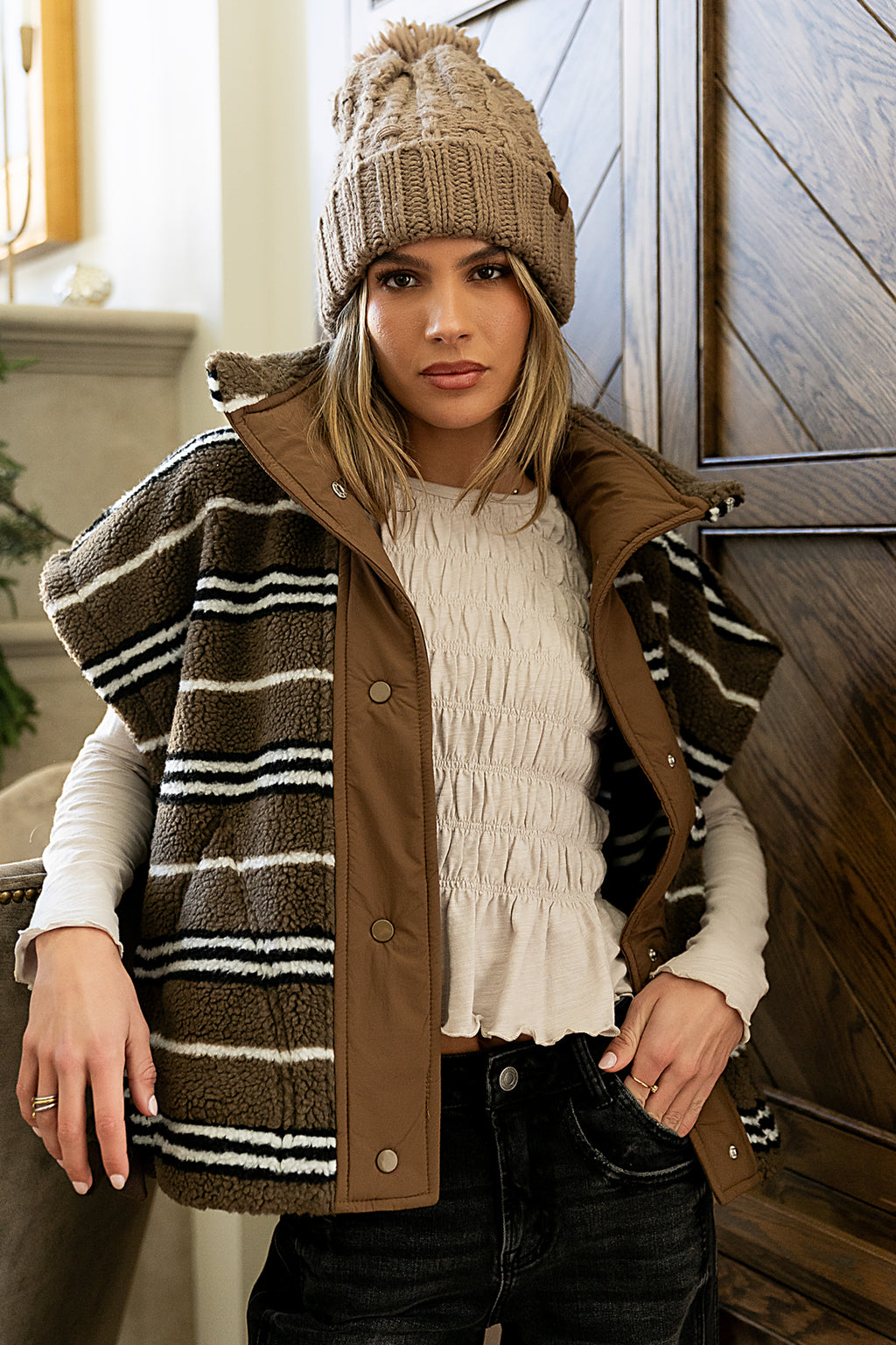 Mellanie Striped Sherpa Vest in Mocha