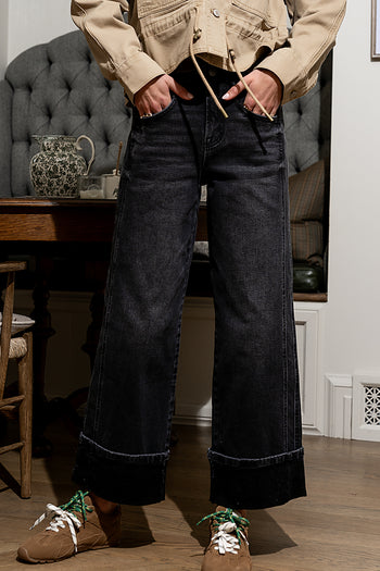 Jade Cuffed Wide Leg Jeans in Black