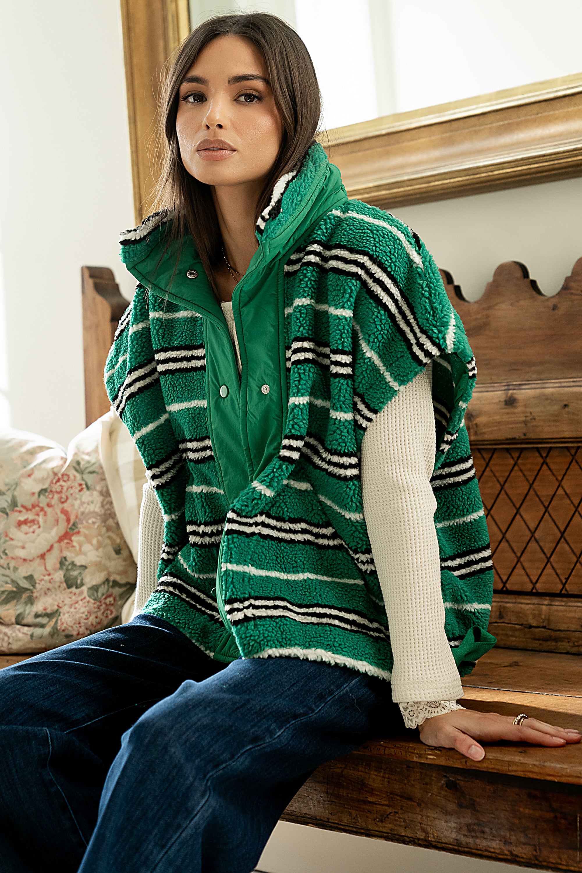 Mellanie Striped Sherpa Vest in Green - FINAL SALE