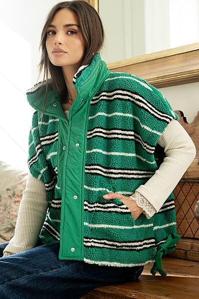Mellanie Striped Sherpa Vest in Green