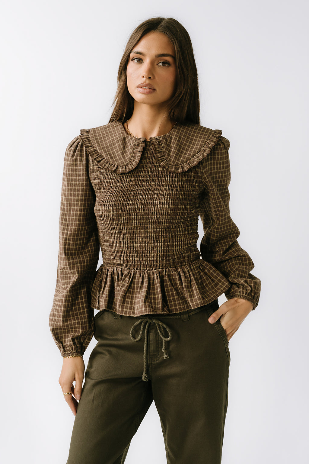 Kristy Smocked Blouse in Brown