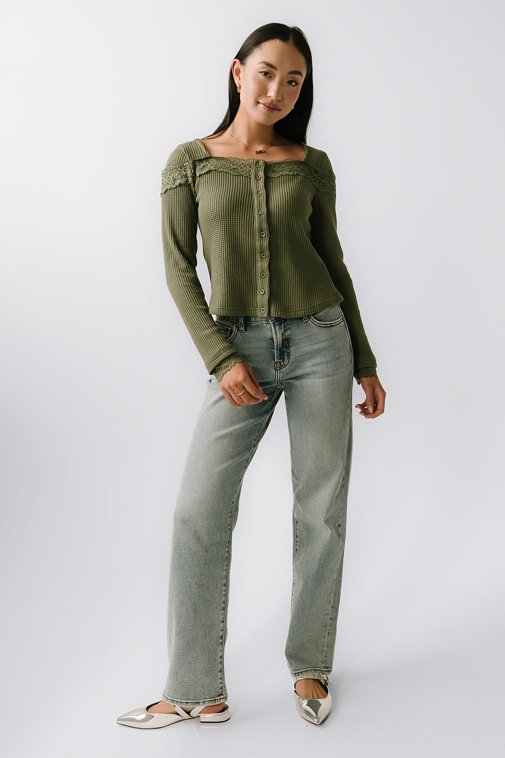 Kandice Waffle Knit Top in Olive - FINAL SALE