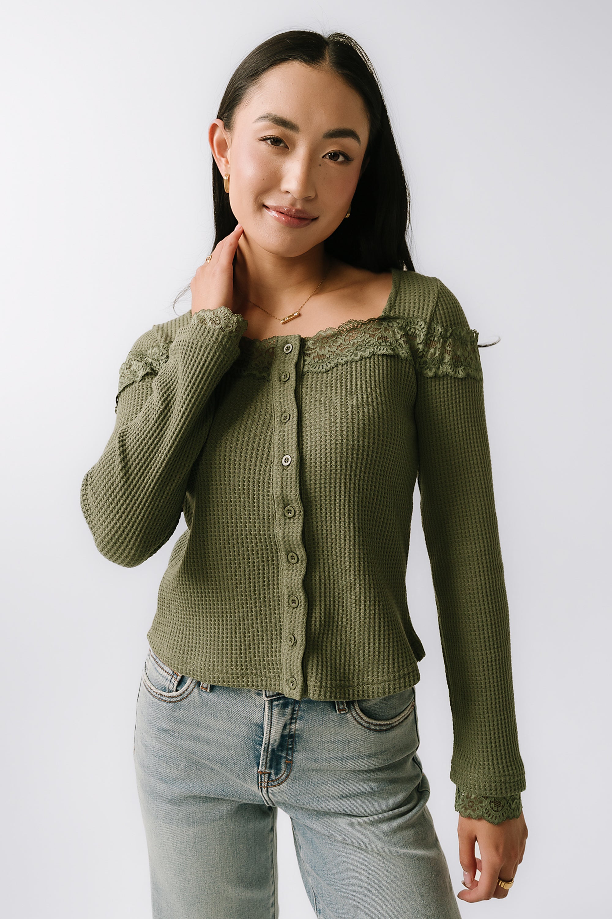 Kandice Waffle Knit Top in Olive - FINAL SALE