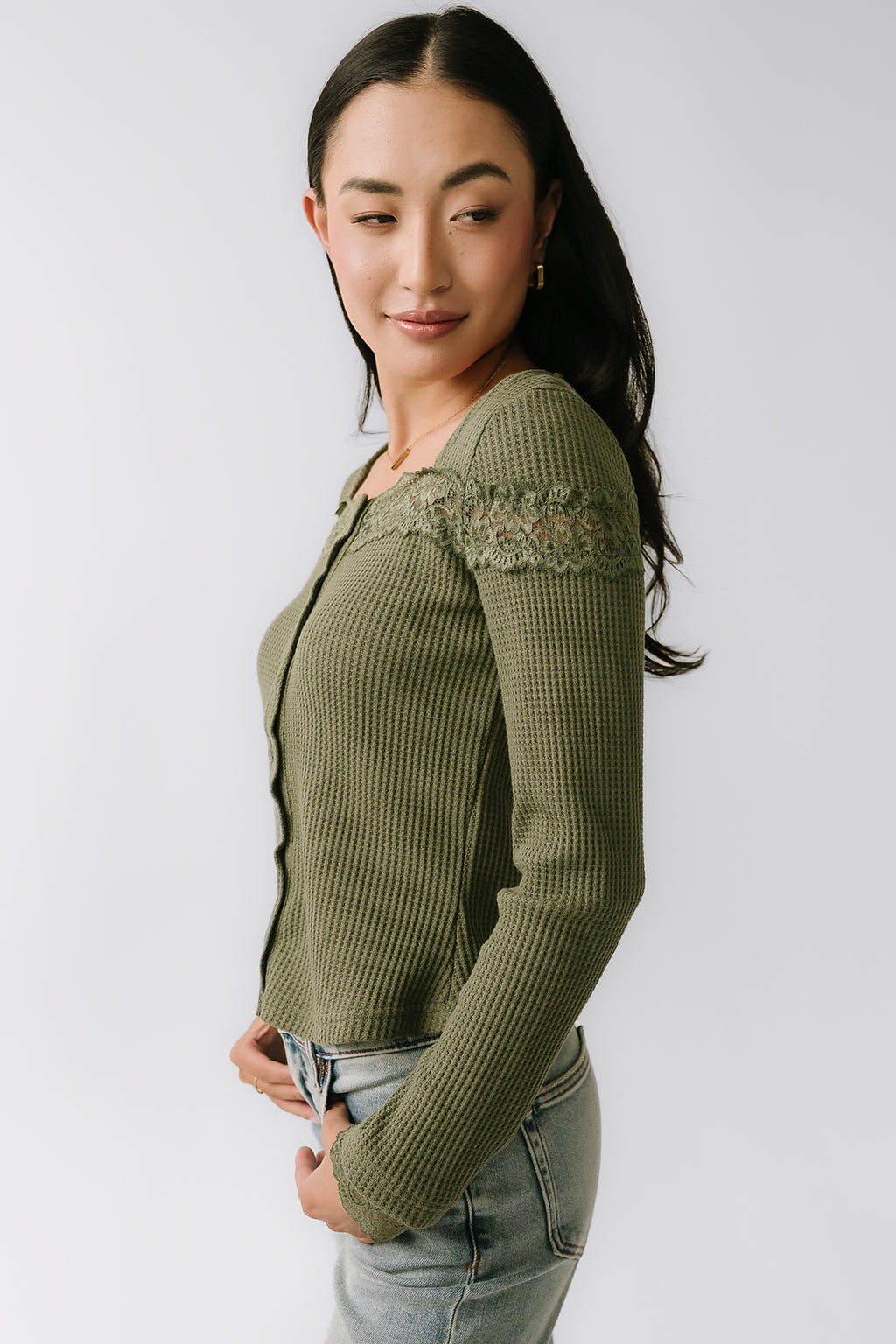 Kandice Waffle Knit Top in Olive - FINAL SALE