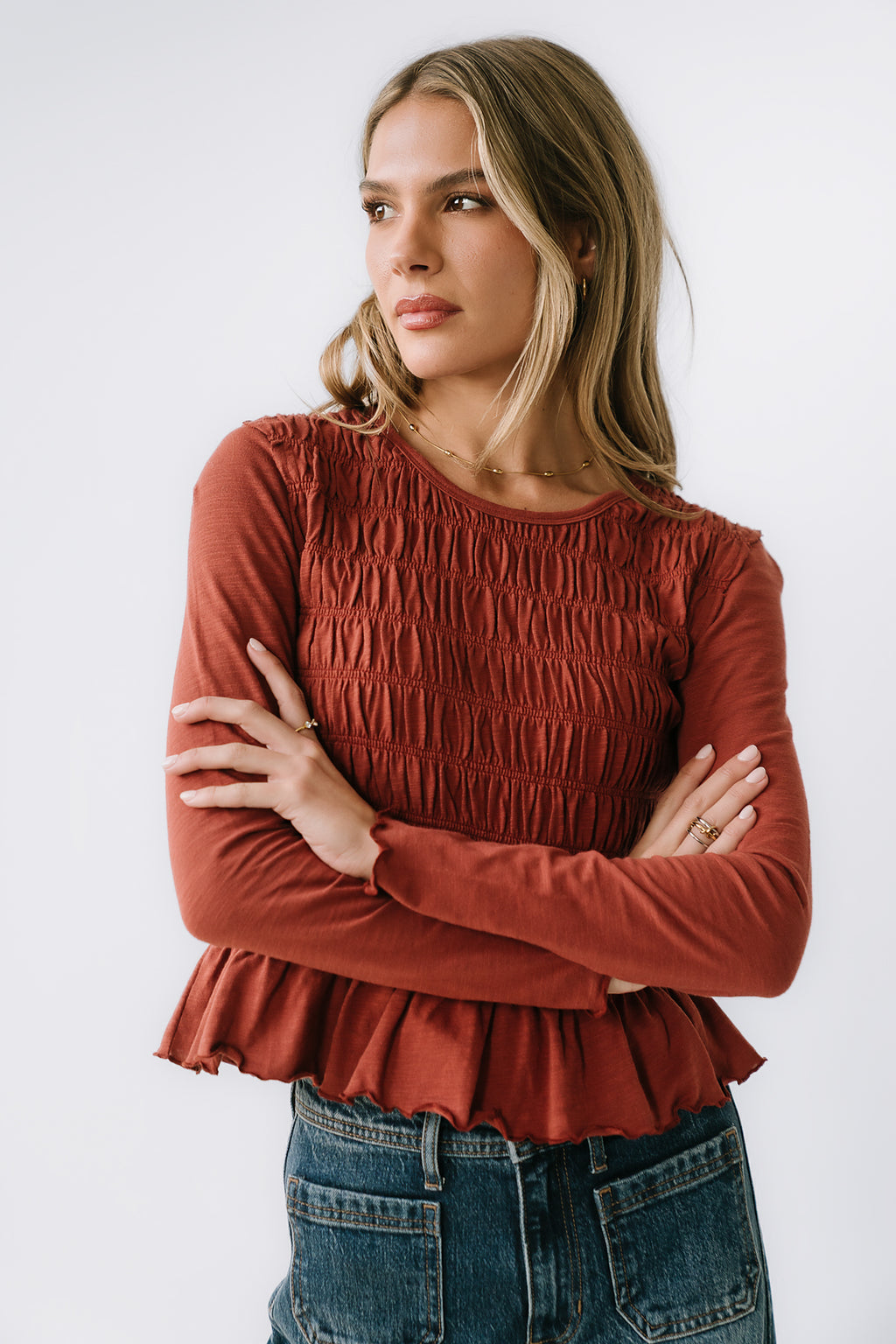 Harry Smocked Top in Brick - FINAL SALE