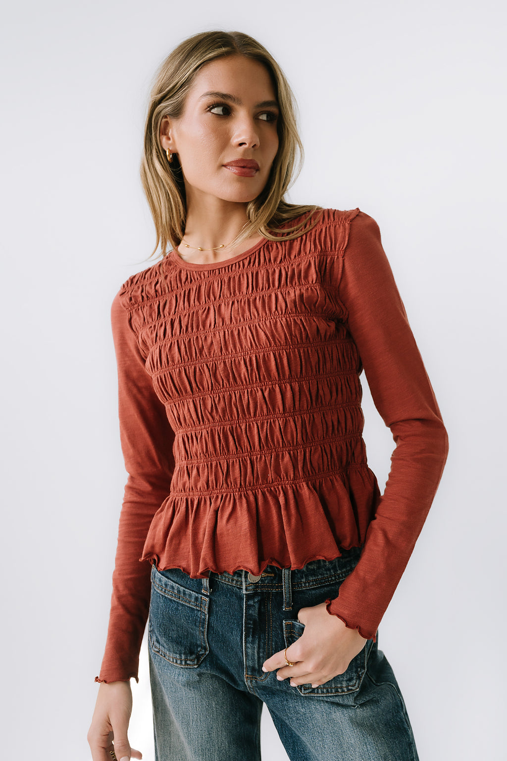 Harry Smocked Top in Brick - FINAL SALE