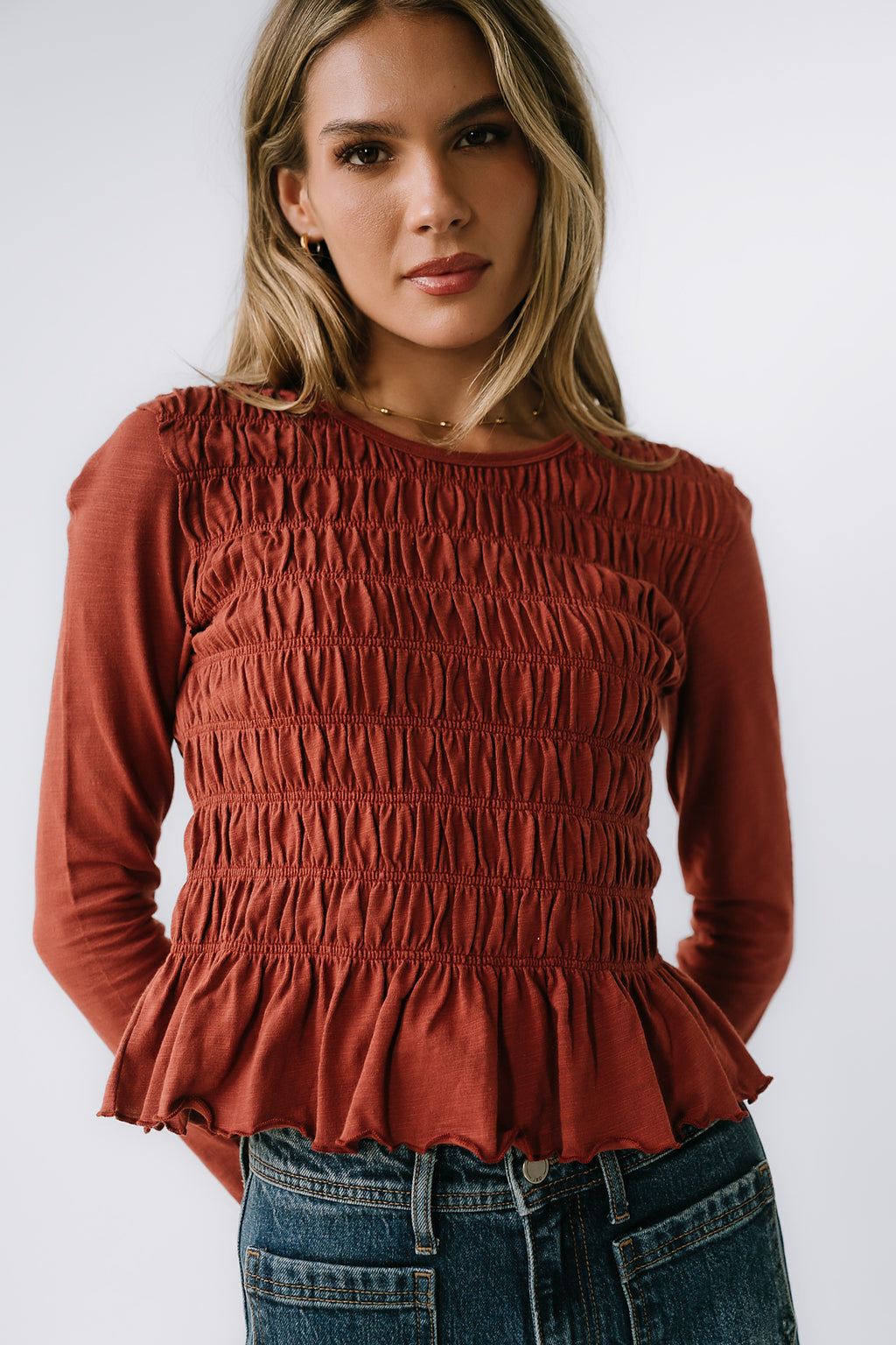 Harry Smocked Top in Brick - FINAL SALE