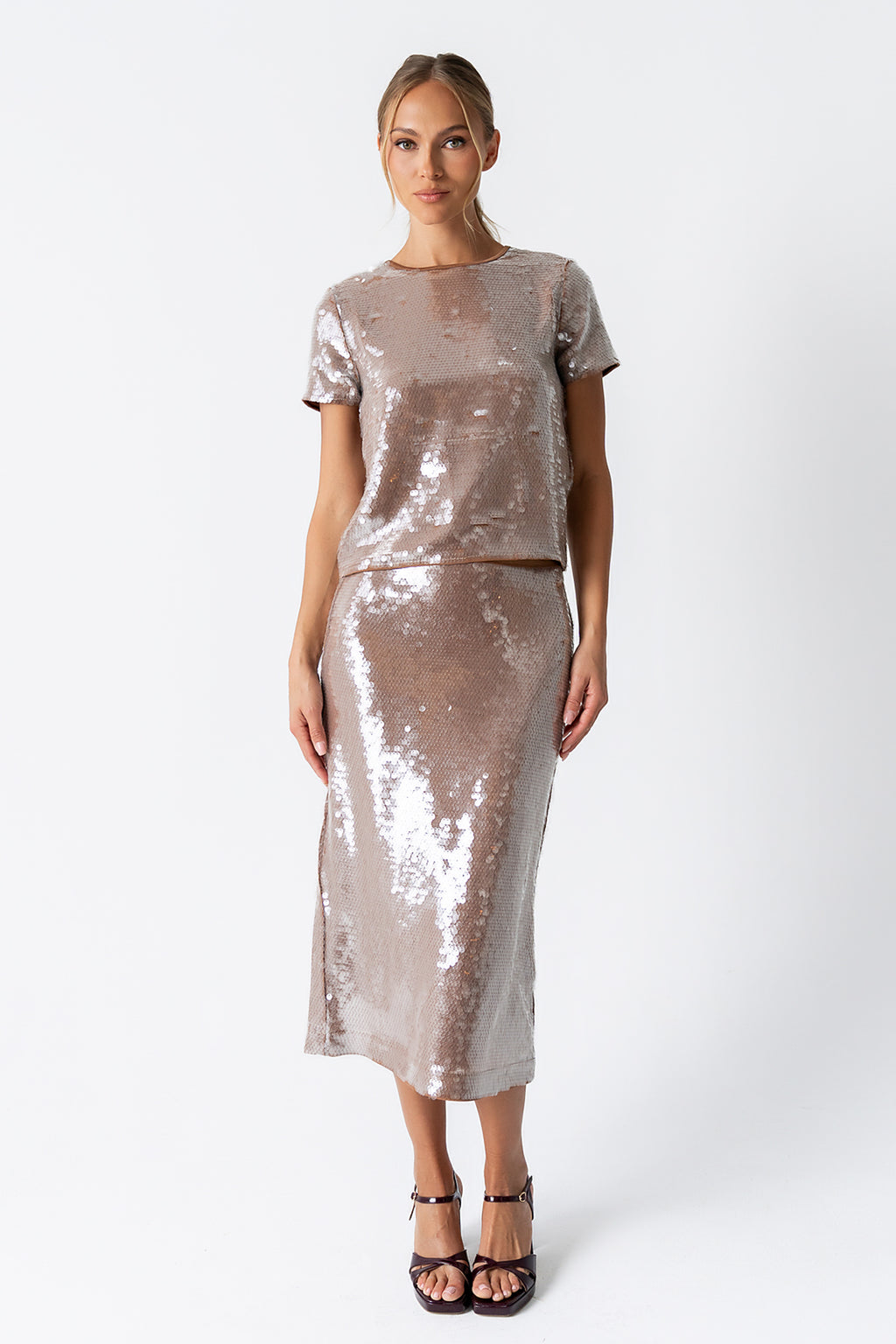 Presley Sequin Midi Skirt in Tan