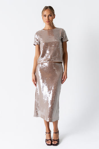 Presley Sequin Midi Skirt in Tan