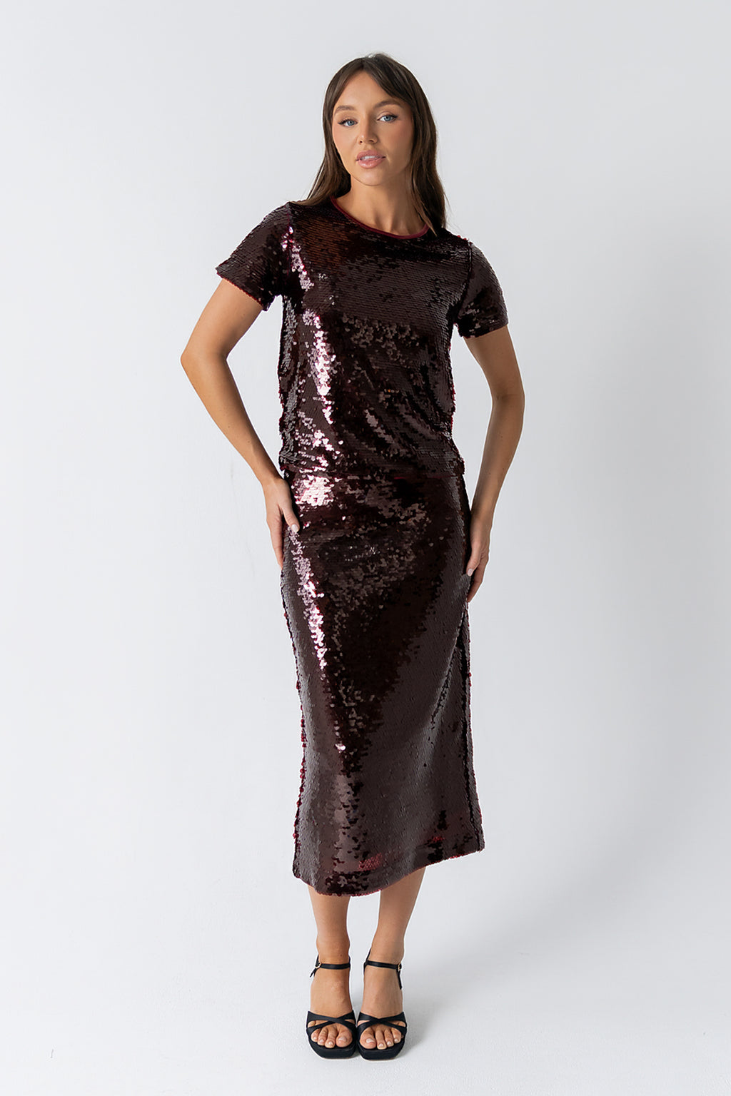 Presley Sequin Midi Skirt in Burgundy