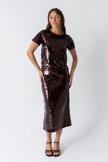 Presley Sequin Midi Skirt in Burgundy