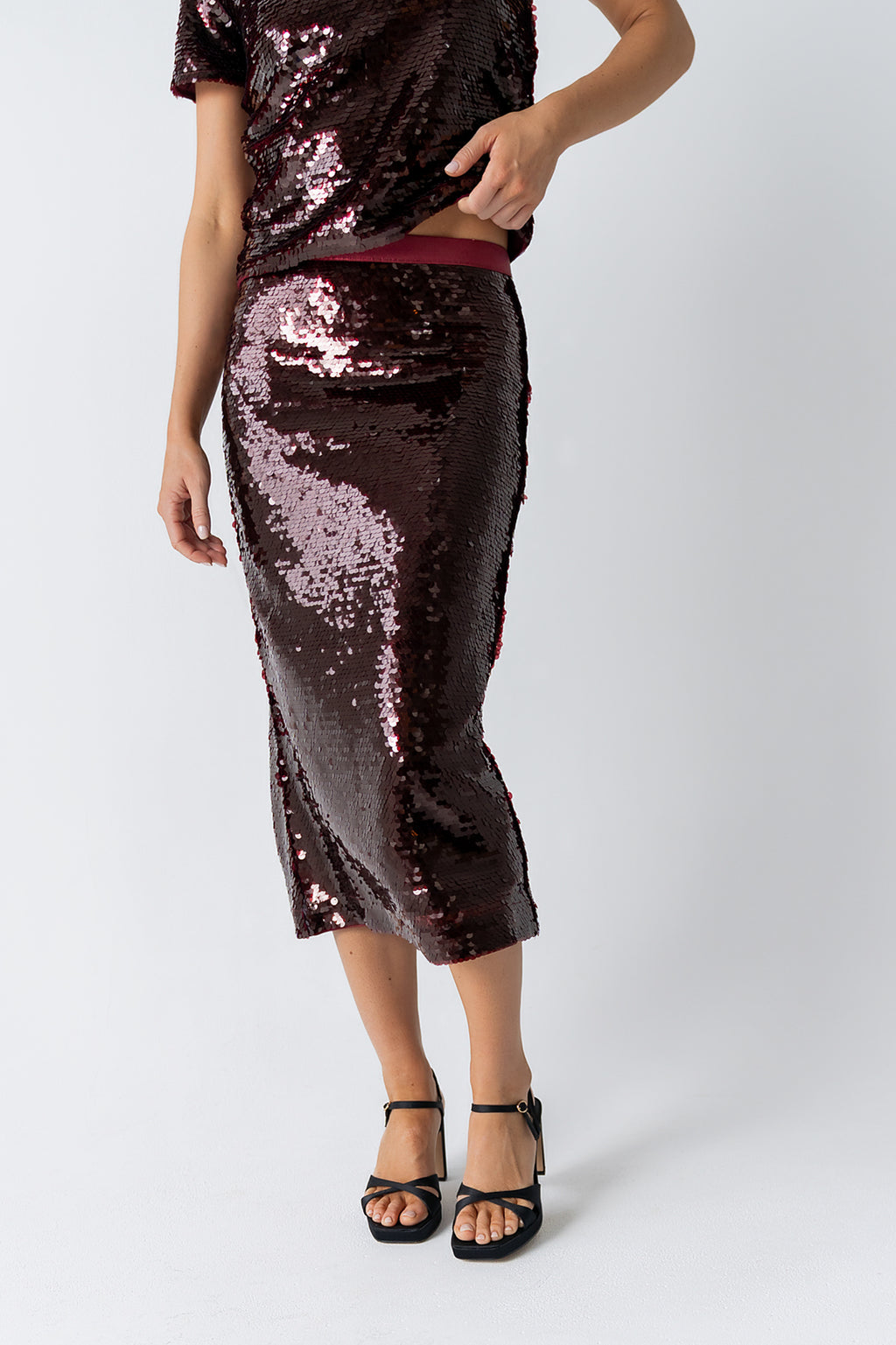 Presley Sequin Midi Skirt in Burgundy Presley Sequin Midi Skirt in Burgundy