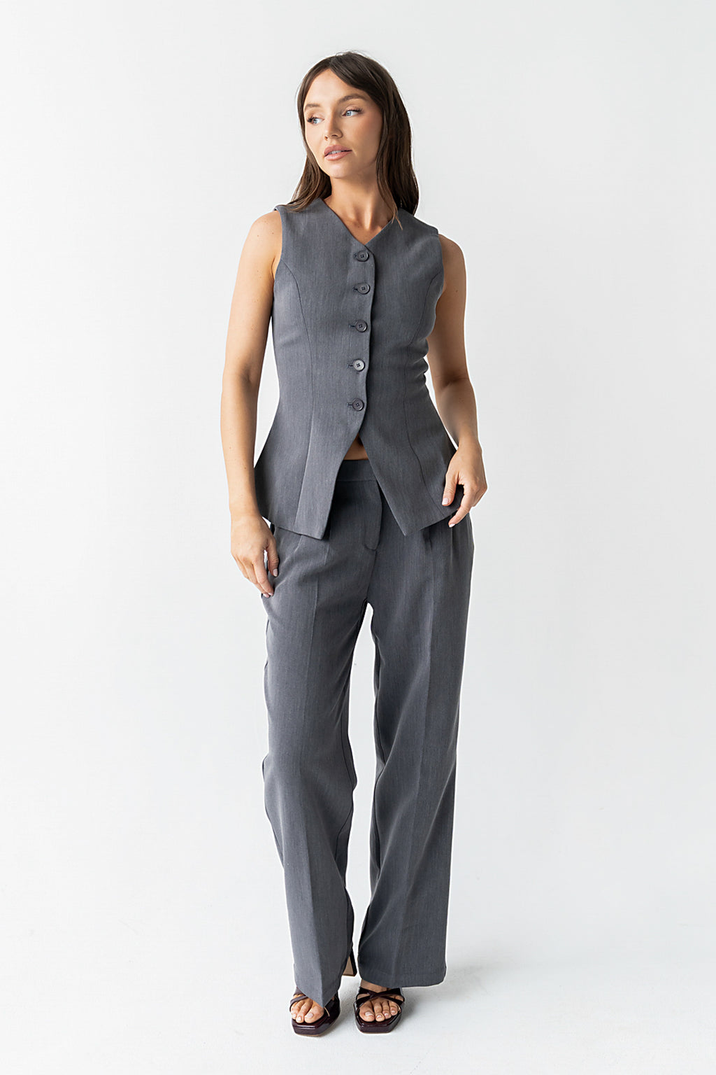Carrie Button Up Vest in Charcoal