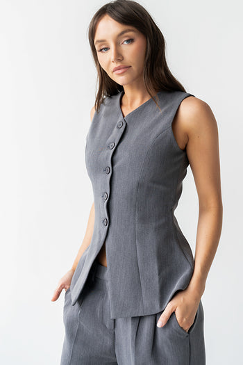 Carrie Button Up Vest in Charcoal