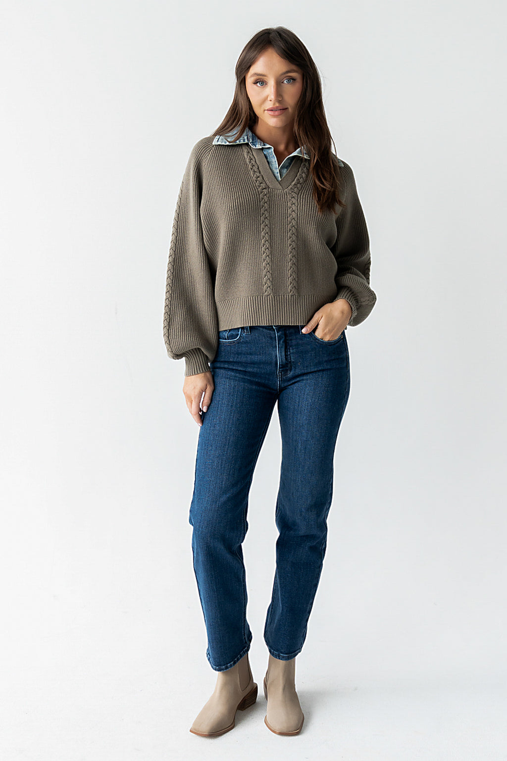 Melissa Contrast Sweater in Olive - FINAL SALE