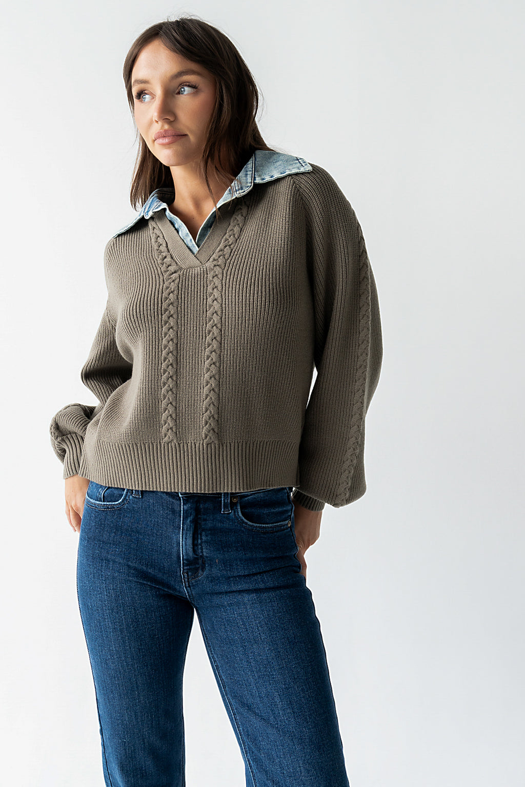 Melissa Contrast Sweater in Olive - FINAL SALE