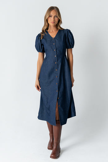Conley Pinstripe Midi Dress in Medium Wash