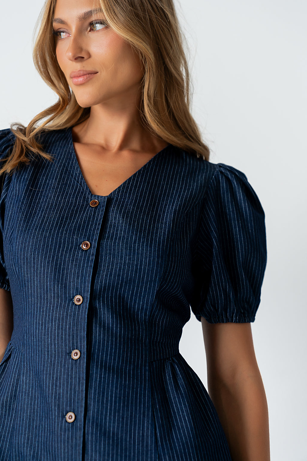 Conley Pinstripe Midi Dress in Medium Wash Conley Pinstripe Midi Dress in Medium Wash