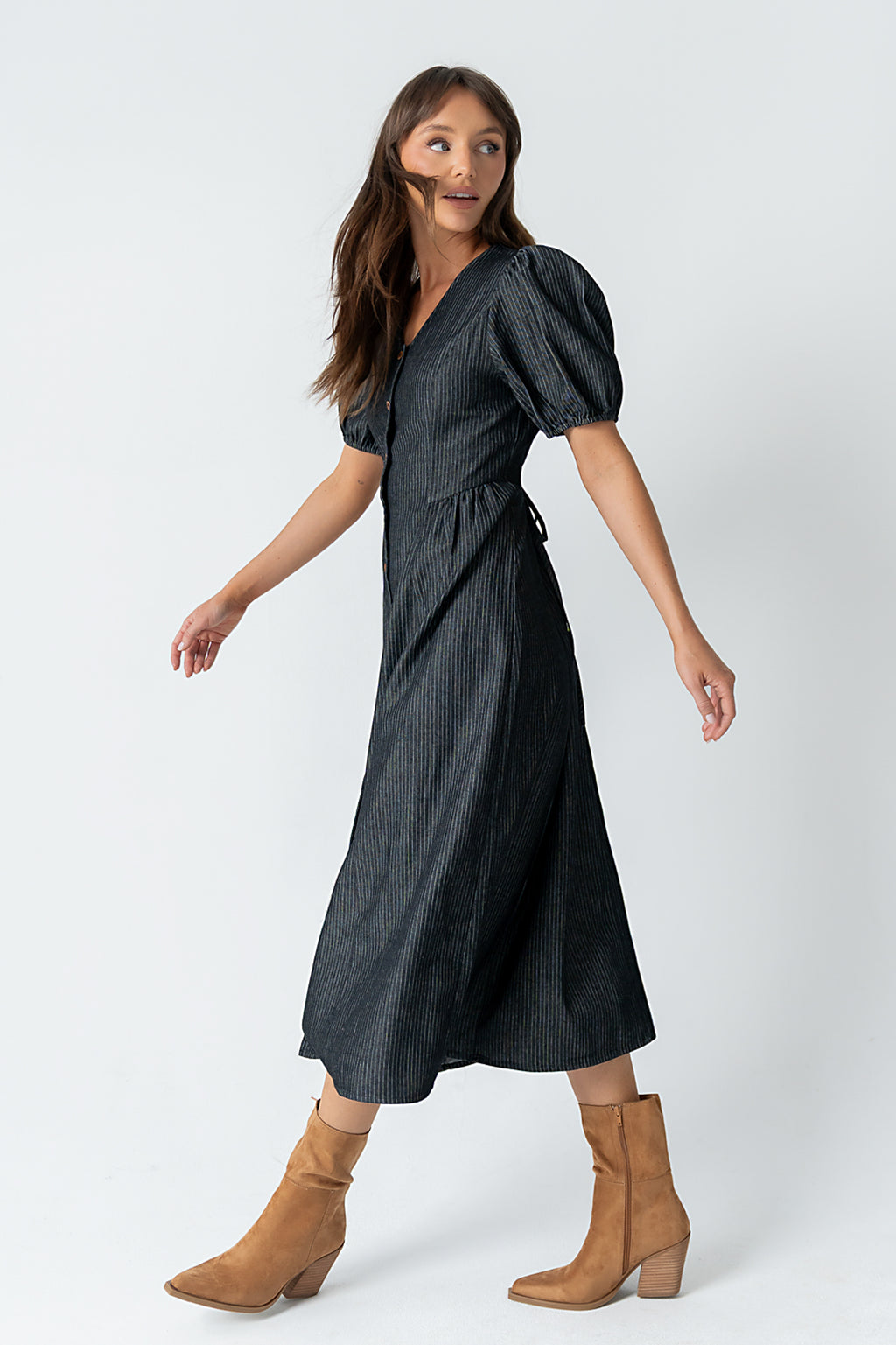 Conley Pinstripe Midi Dress in Black Conley Pinstripe Midi Dress in Black