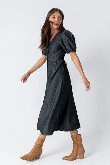Conley Pinstripe Midi Dress in Black