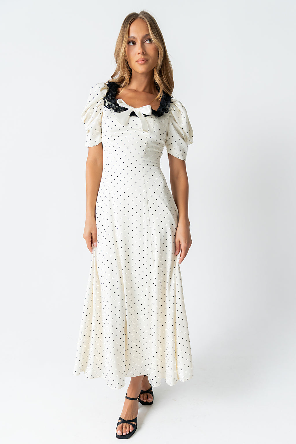 maxi white polka dot dress Reiss Viscose Linen Polka Dot Ruched Maxi Dress in White/Black