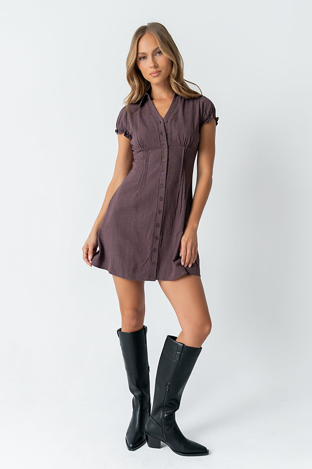 Lockie Pinstripe Mini Dress in Dark Brown - FINAL SALE Lockie Pinstripe Mini Dress in Dark Brown - FINAL SALE