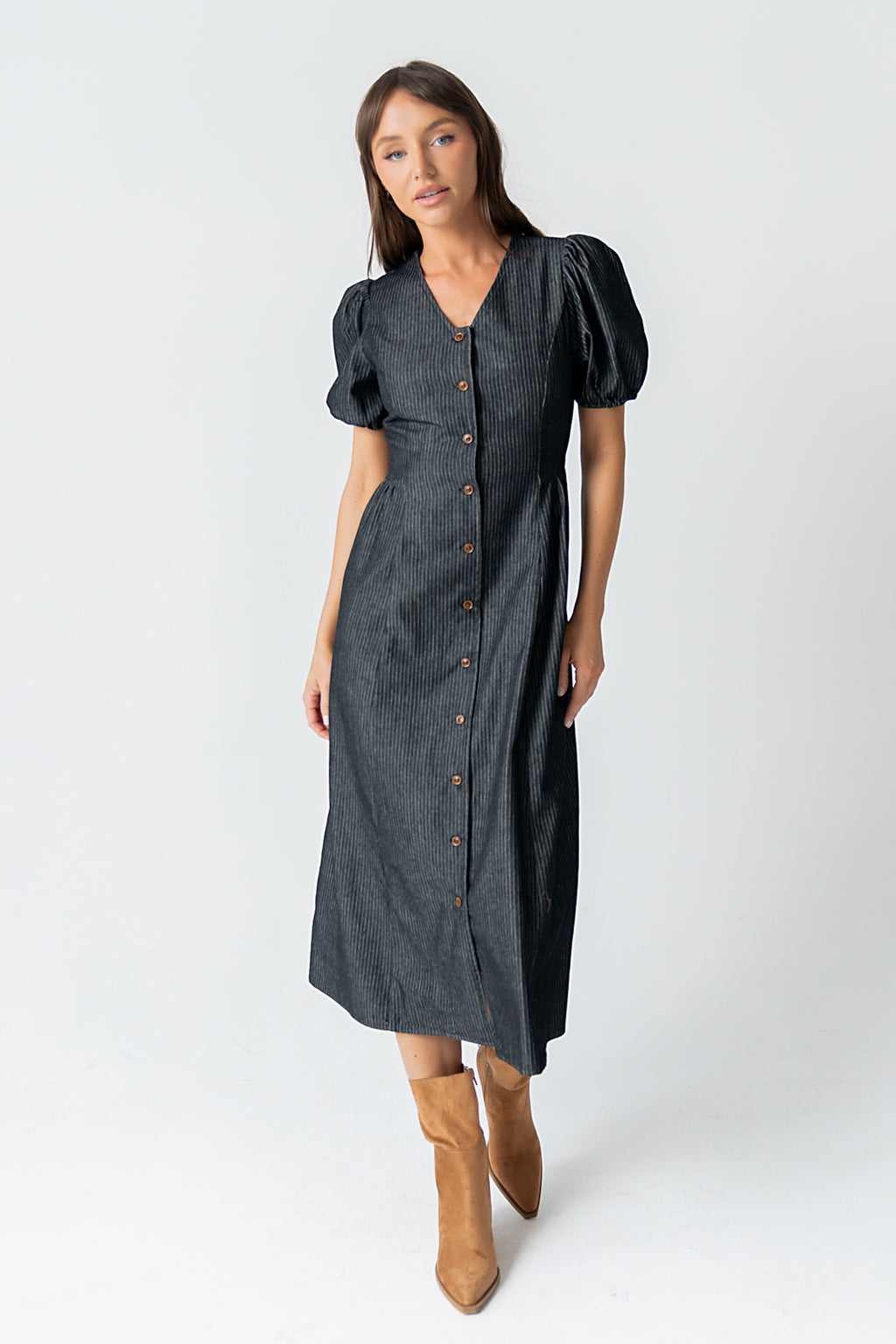 Conley Pinstripe Midi Dress in Black Conley Pinstripe Midi Dress in Black