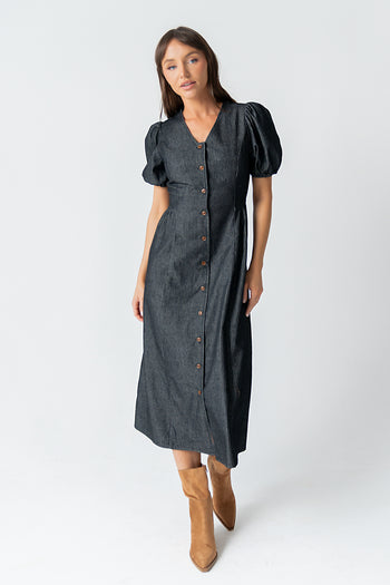 Conley Pinstripe Midi Dress in Black