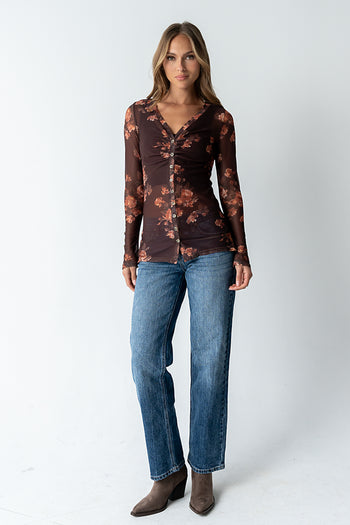 Sammy Floral Mesh Top in Brown - FINAL SALE