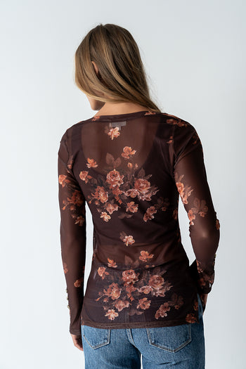 Sammy Floral Mesh Top in Brown - FINAL SALE