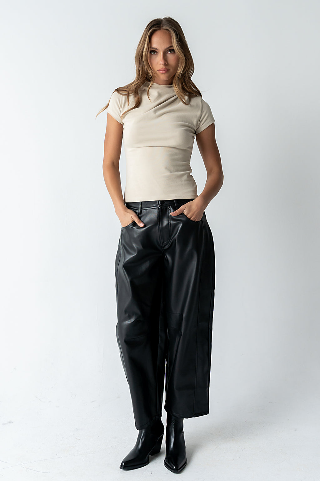 Langston Vegan Leather Barrel Jeans in Black