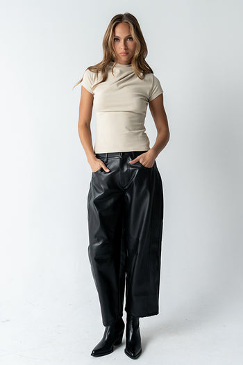 Langston Vegan Leather Barrel Jeans in Black