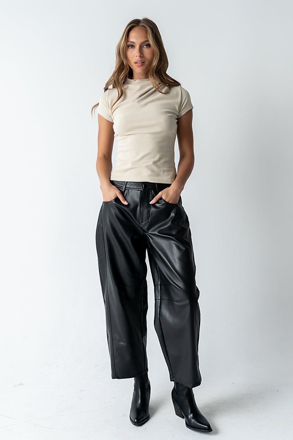 Langston Vegan Leather Barrel Jeans in Black