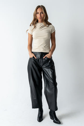 Langston Vegan Leather Barrel Jeans in Black