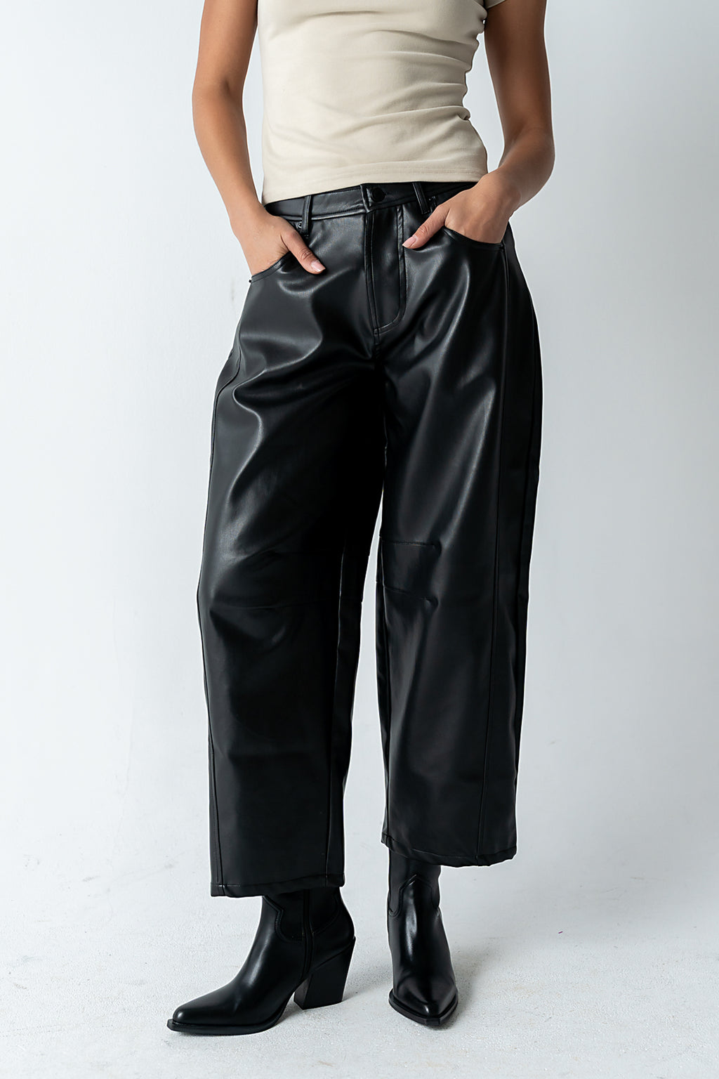 Langston Vegan Leather Barrel Jeans in Black