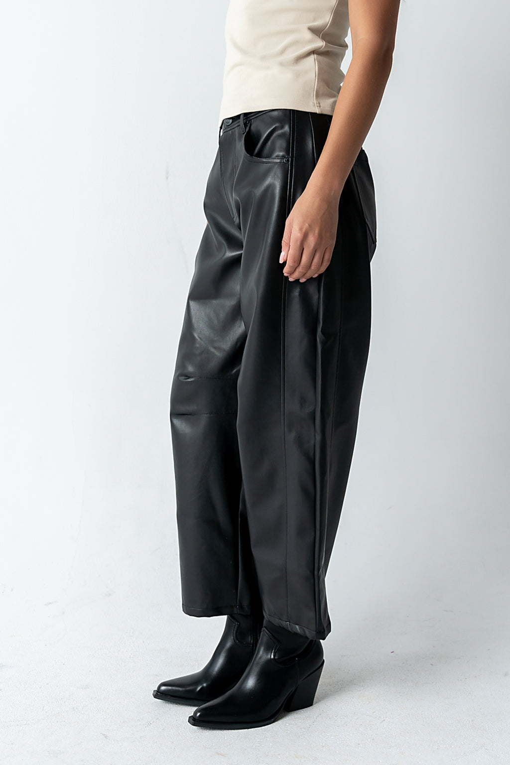 Langston Vegan Leather Barrel Jeans in Black