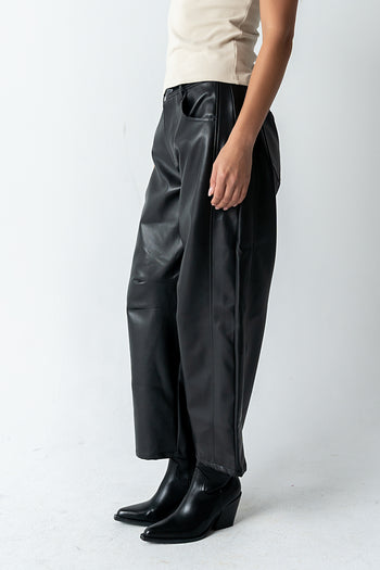 Langston Vegan Leather Barrel Jeans in Black