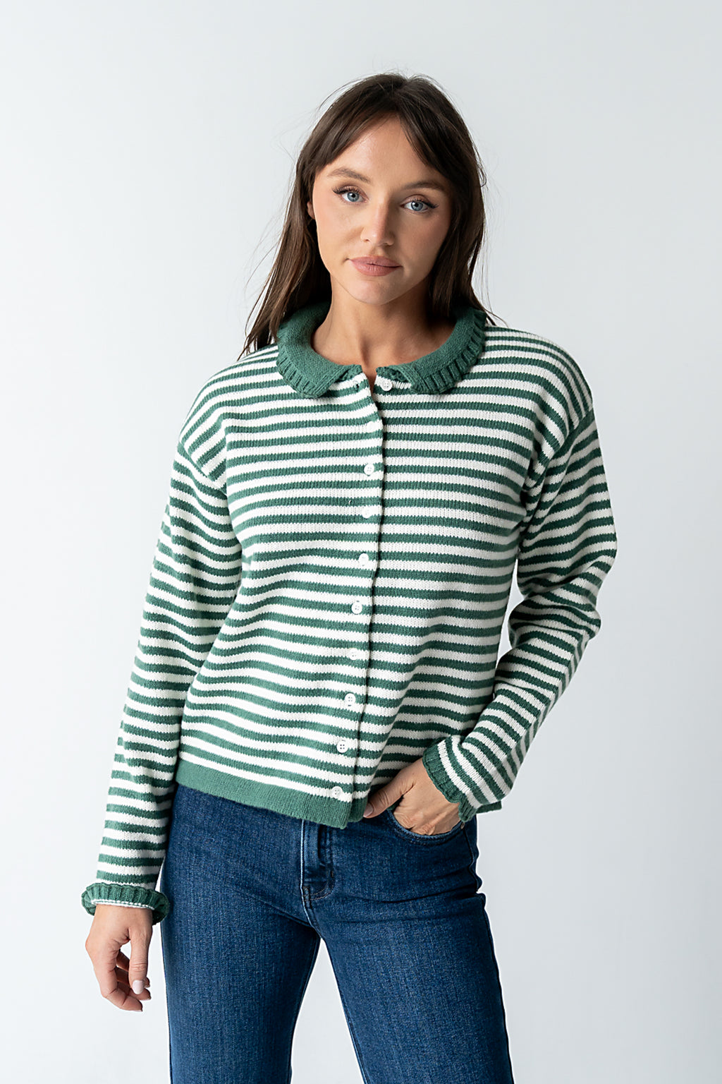 Brenna Striped Cardigan in Olive