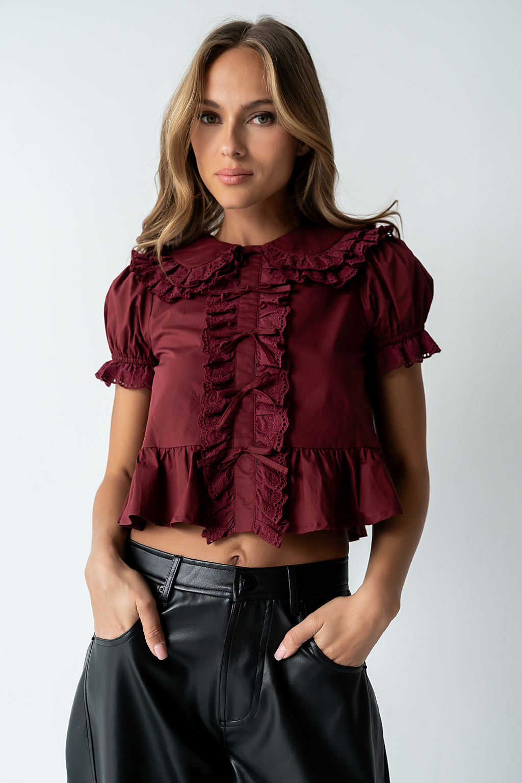 Chrissy Lace Trim Blouse in Burgundy