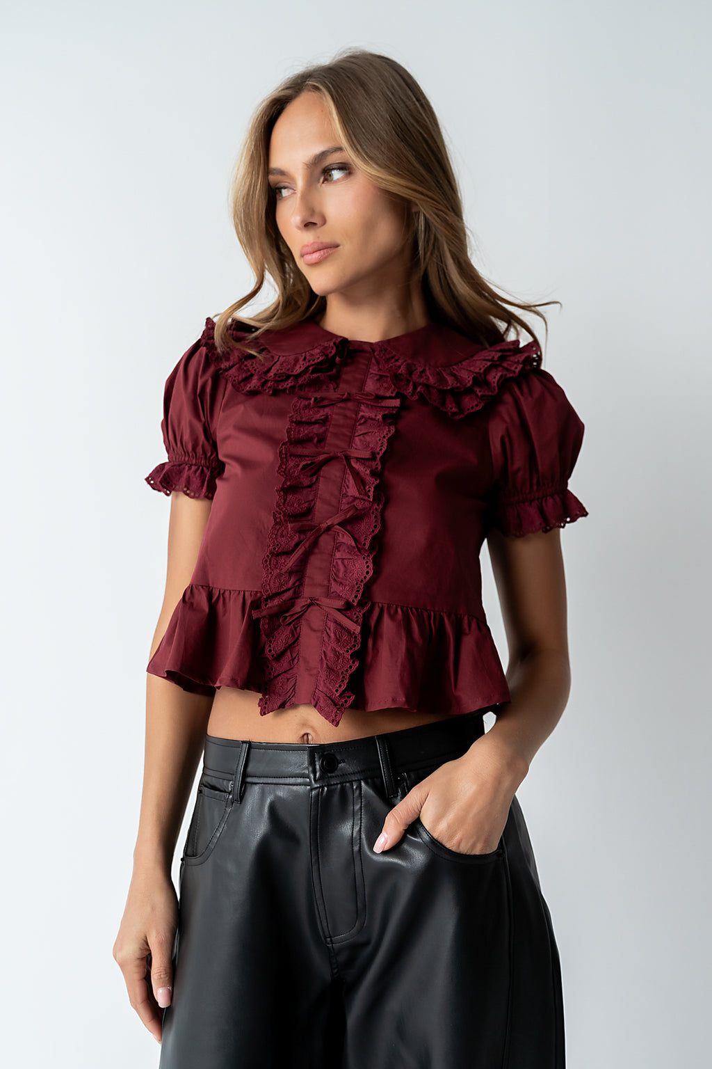 Chrissy Lace Trim Blouse in Burgundy