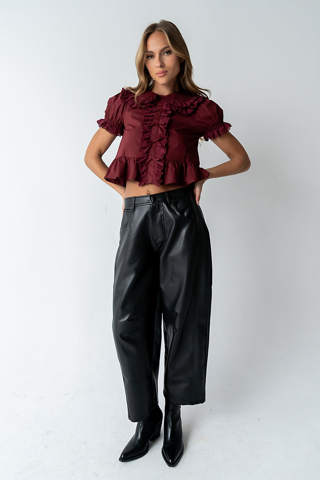 Langston Vegan Leather Barrel Jeans in Black