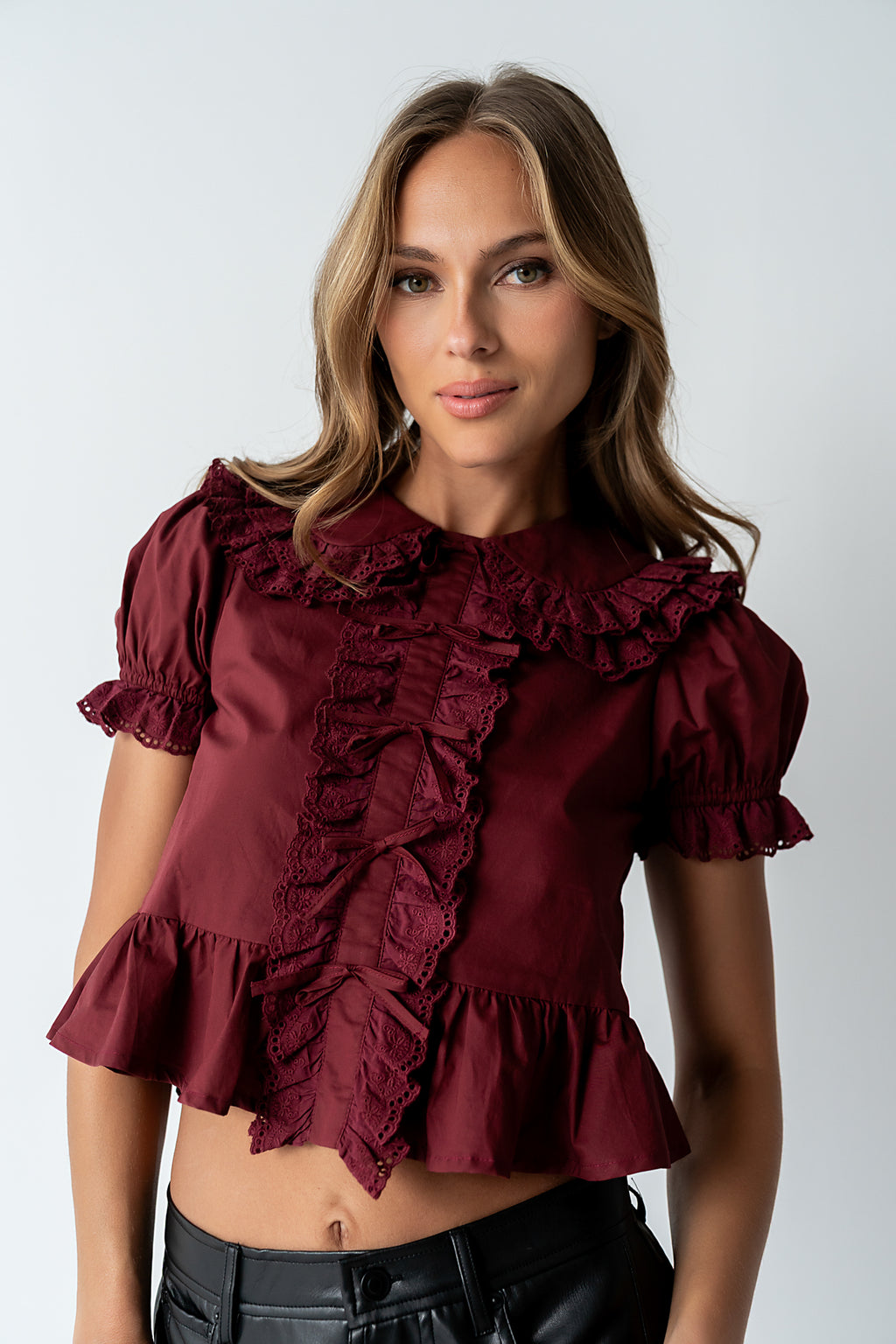 Chrissy Lace Trim Blouse in Burgundy