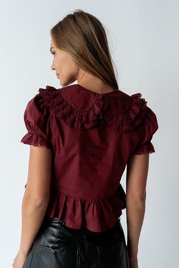 Chrissy Lace Trim Blouse in Burgundy