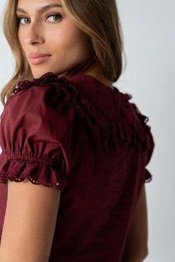 Chrissy Lace Trim Blouse in Burgundy