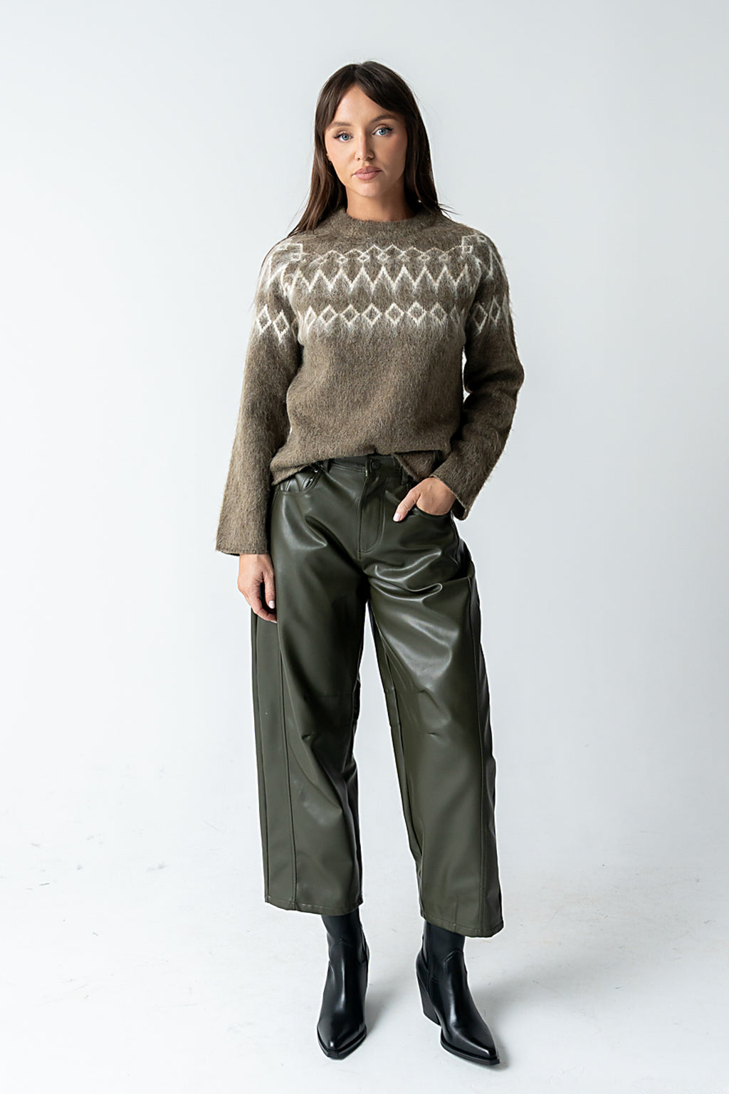 Langston Vegan Leather Barrel Jeans in Olive - FINAL SALE