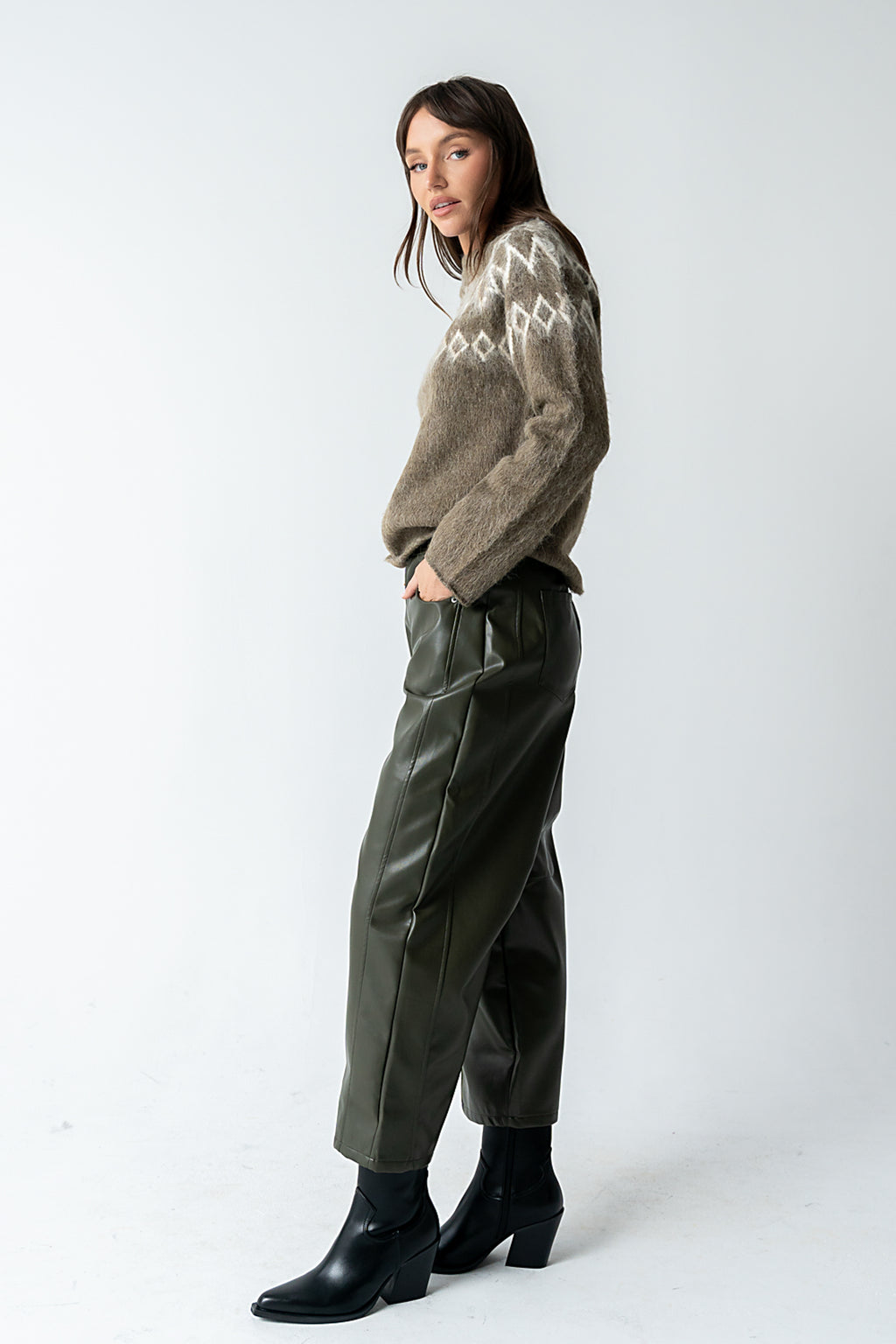 Langston Vegan Leather Barrel Jeans in Olive - FINAL SALE