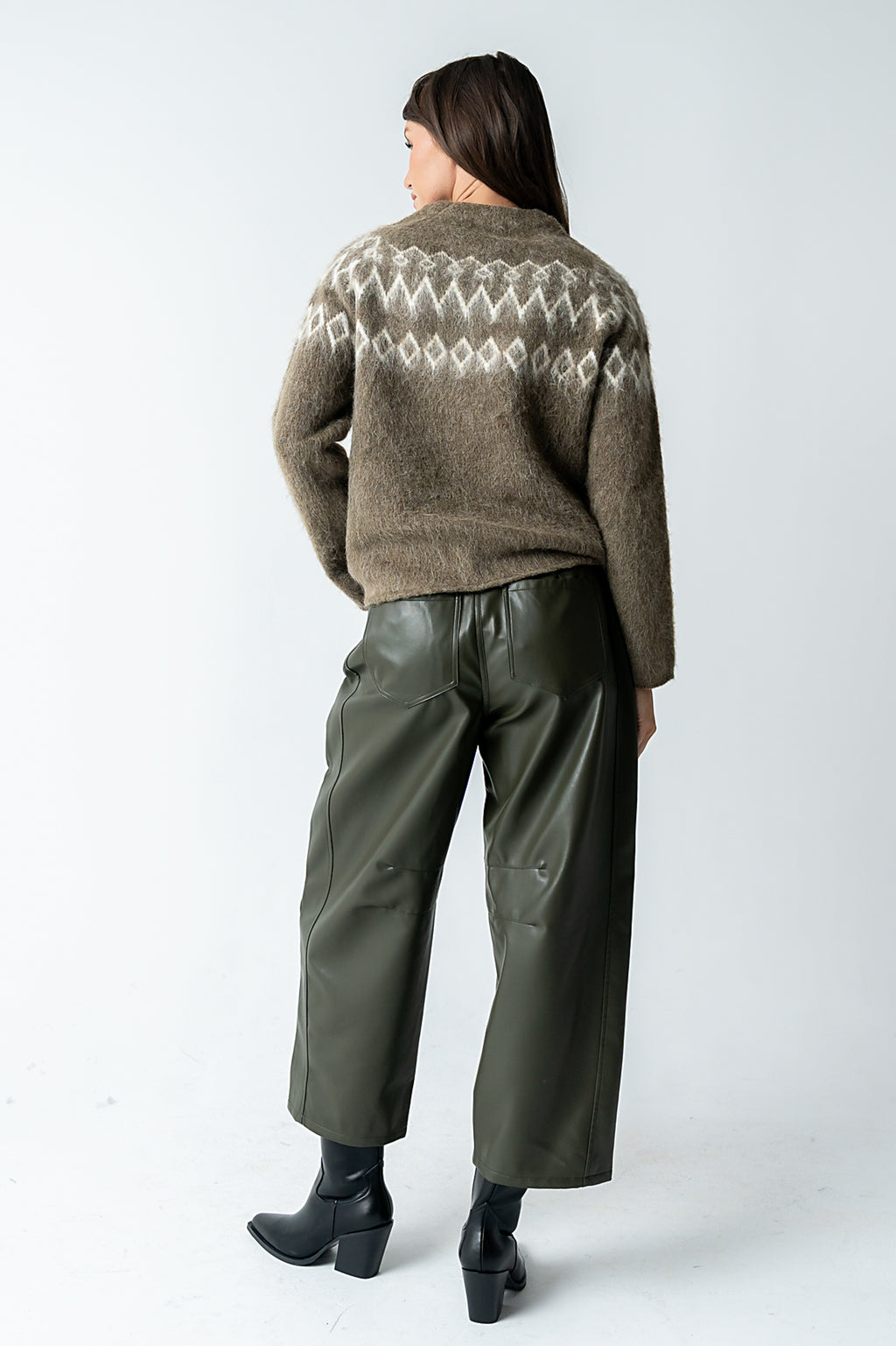 Langston Vegan Leather Barrel Jeans in Olive - FINAL SALE