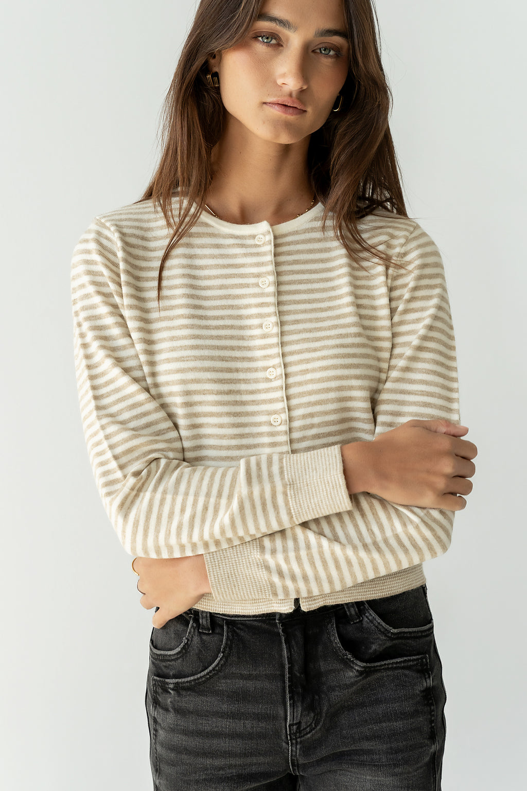 Edesse Striped Cardigan in Taupe - FINAL SALE