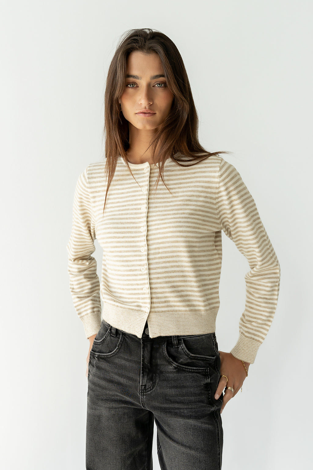 Edesse Striped Cardigan in Taupe - FINAL SALE