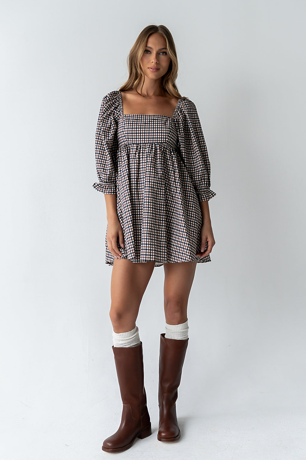 gingham long sleeve mini dress boohoo Women's Gingham Shirred Long Sleeve Mini Dress - Navy